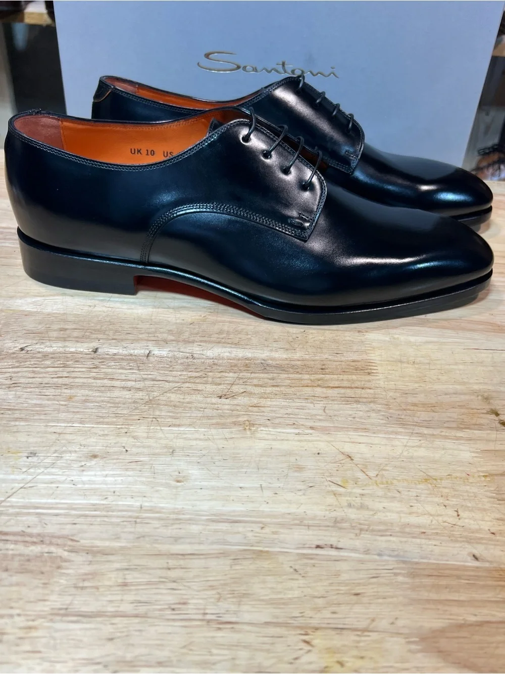 Santoni Archer Black Calfskin Leather Plain Toe Derby Shoes US 11M Made In 🇮🇹